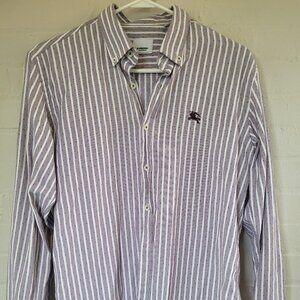 Burberry London Men's Purple & White Striped Logo Button-Down Shirt Size L